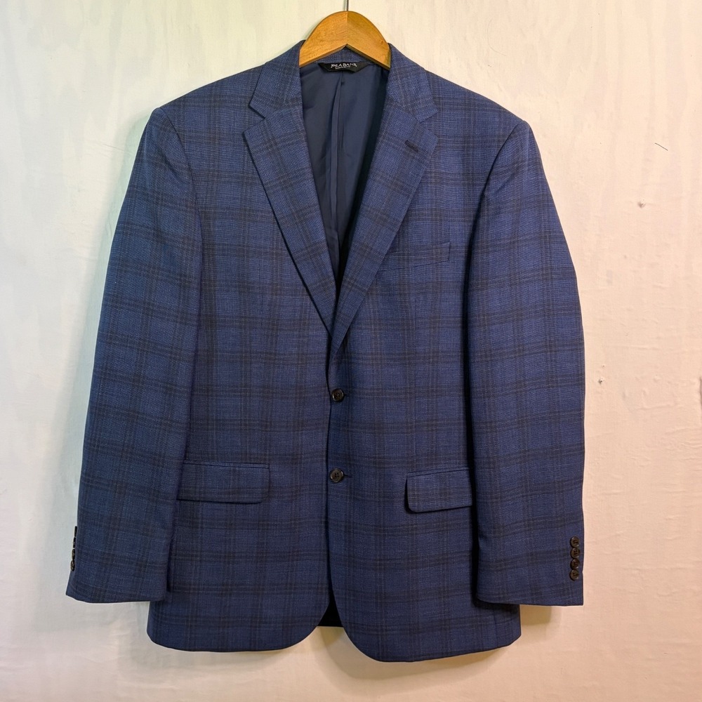 Jos. A. Bank Traveler Blazer Men 44L Windowpane Tailored‎ Fit Wool Sport Coat